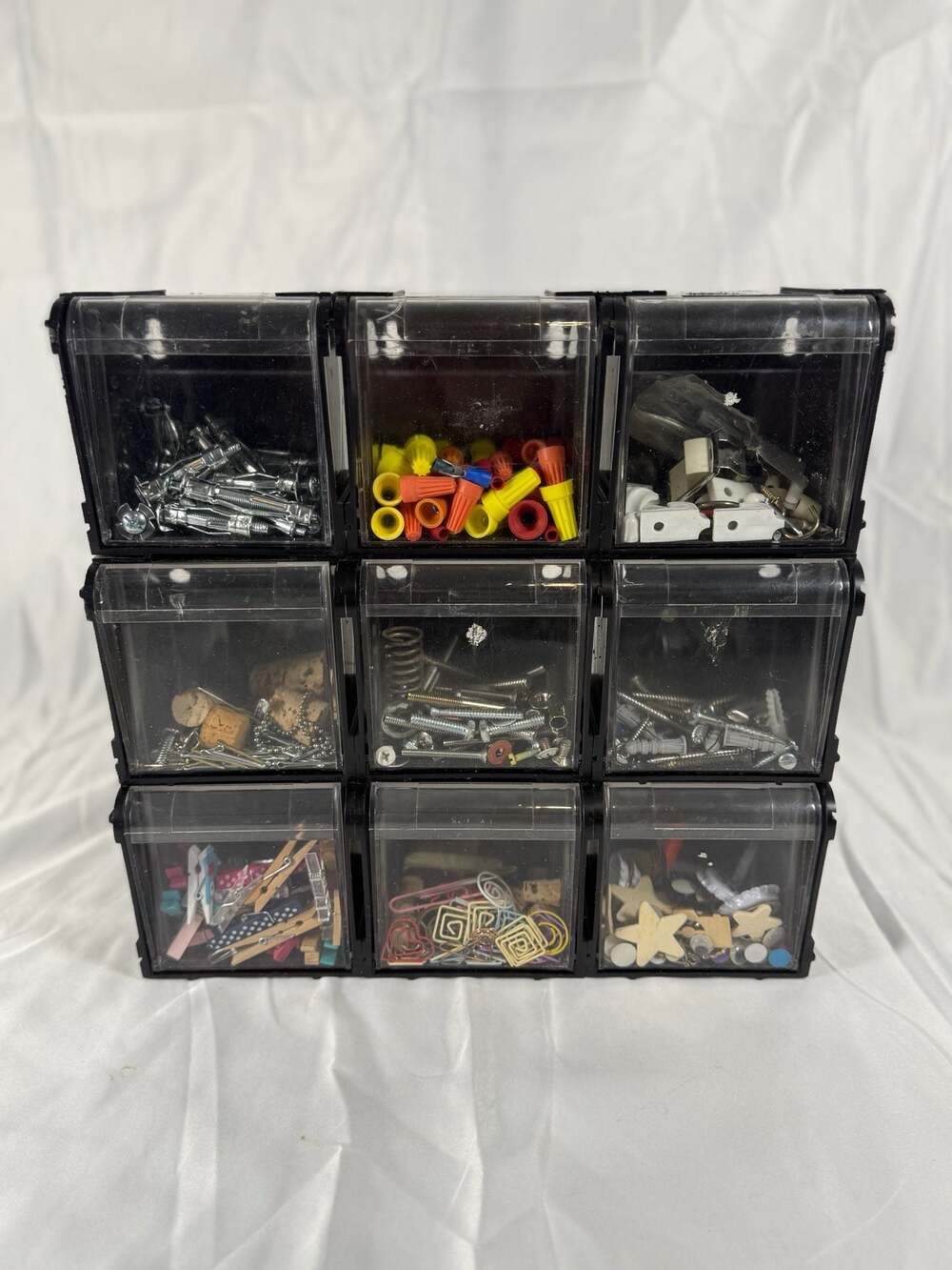 9-Compartment Interlocking Tilt Bin Storage Organizer with Random Hardware